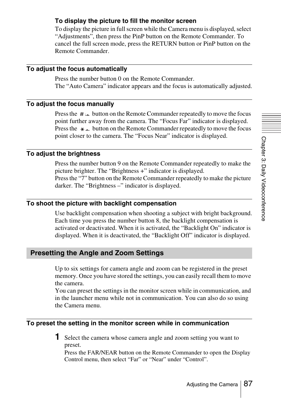 Presetting the angle and zoom settings, Presetting the angle and zoom, Settings | Sony PCS-1/1P User Manual | Page 87 / 216