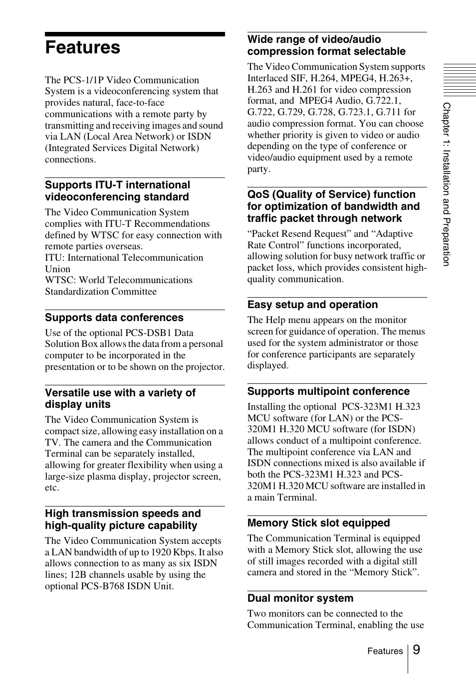 Features | Sony PCS-1/1P User Manual | Page 9 / 216