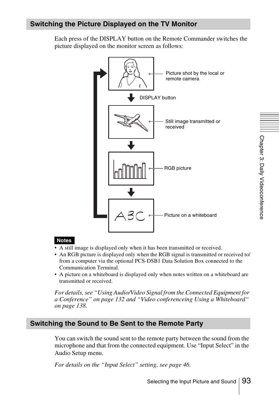 Switching the picture displayed on the tv monitor, Switching the sound to be sent to the remote party, Switching the picture displayed on | The tv monitor, Switching the sound to be sent to, The remote party | Sony PCS-1/1P User Manual | Page 93 / 216