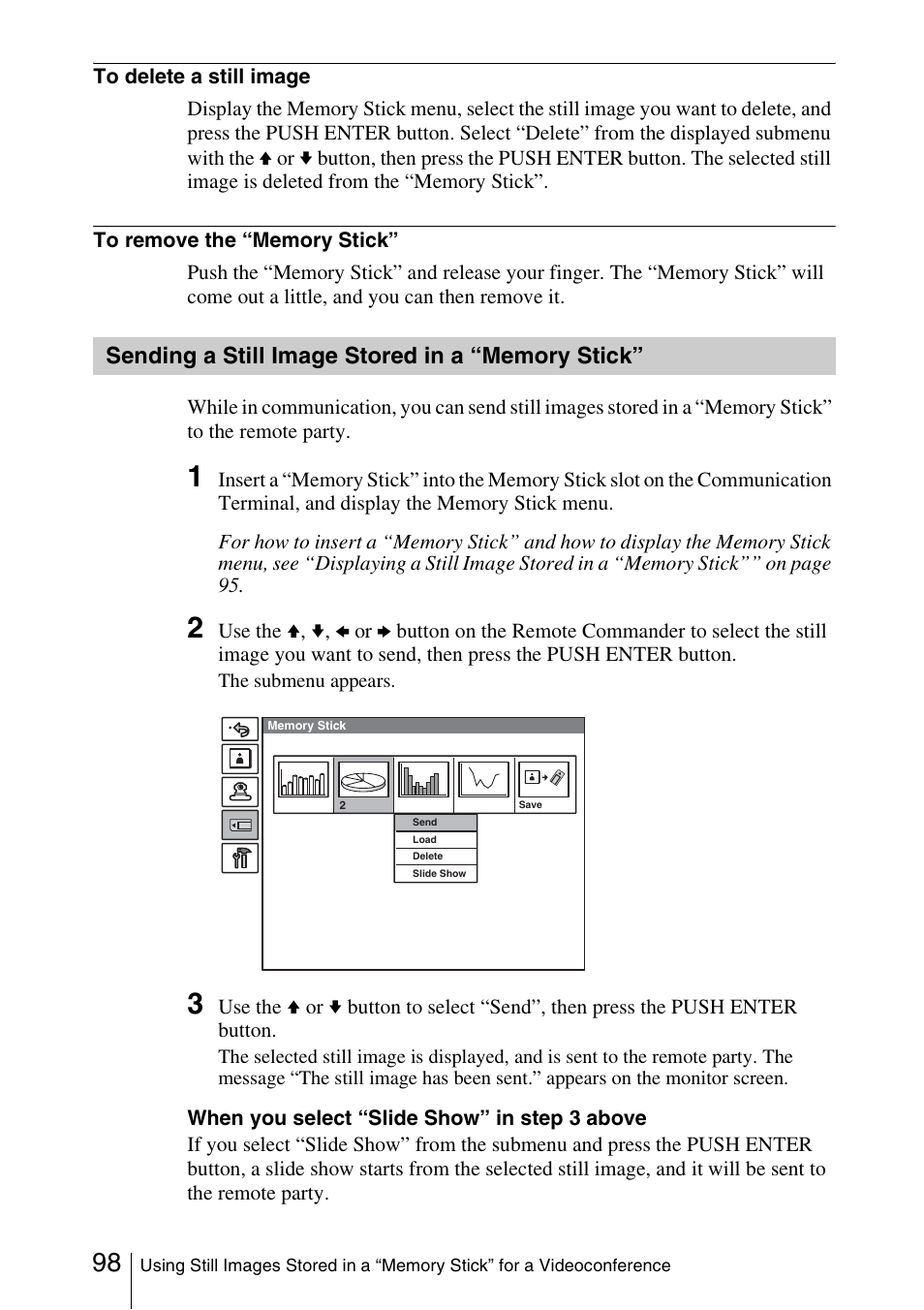 Sending a still image stored in a “memory stick, Sending a still image stored in a, Memory stick | Sony PCS-1/1P User Manual | Page 98 / 216