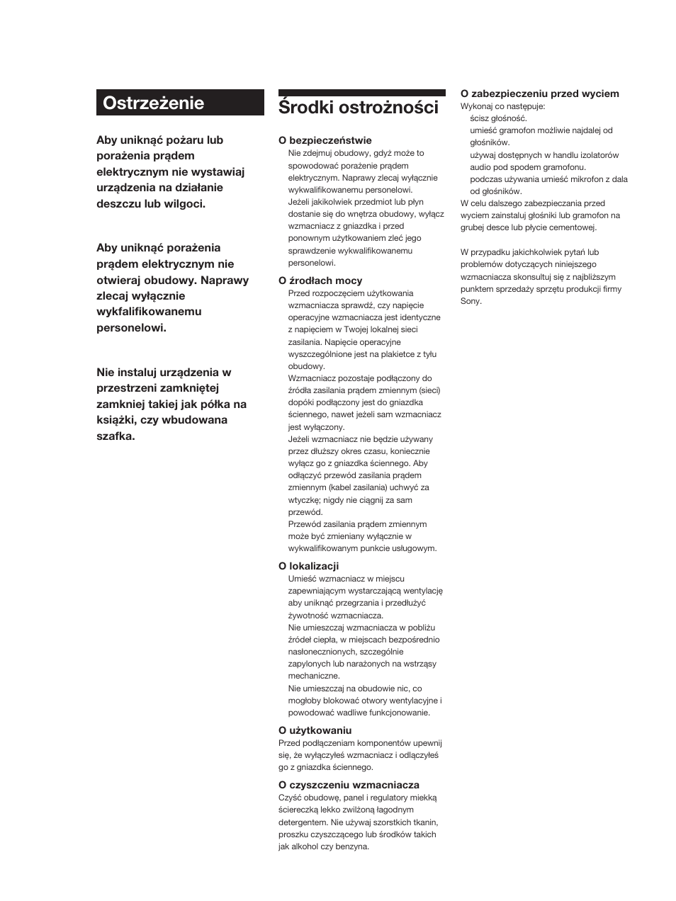 Środki ostrożności, Ostrzeżenie | Sony TA-FE320R User Manual | Page 12 / 32