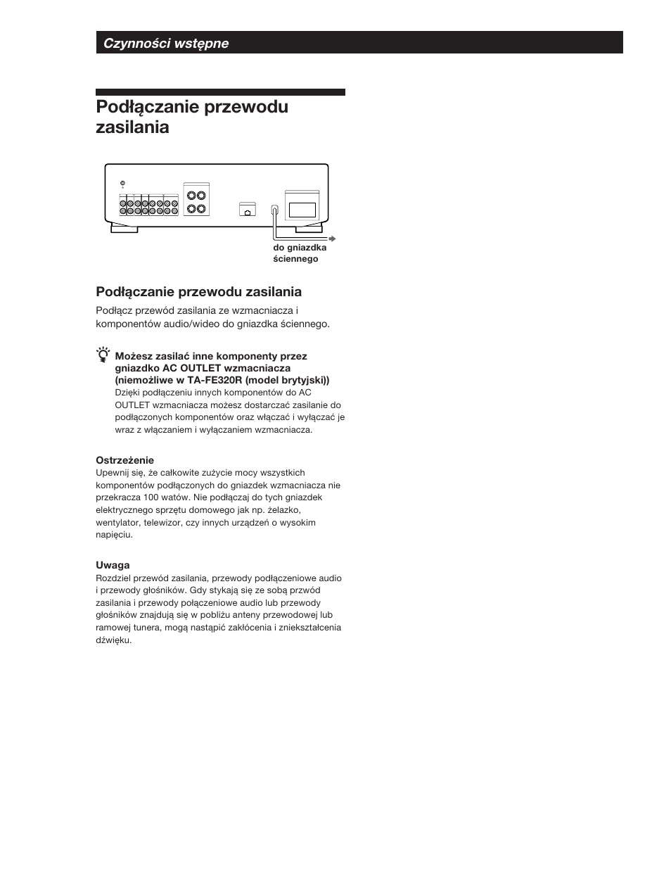 Podłączanie przewodu zasilania, Czynności wstępne 6, Ostrzeżenie | Uwaga | Sony TA-FE320R User Manual | Page 16 / 32