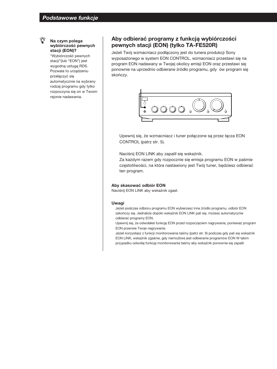Podstawowe funkcje 8, Uwagi, Na czym polega wybiórczość pewnych stacji (eon) | Eon link, Naciśnij eon link aby wskaźnik zgasł | Sony TA-FE320R User Manual | Page 18 / 32
