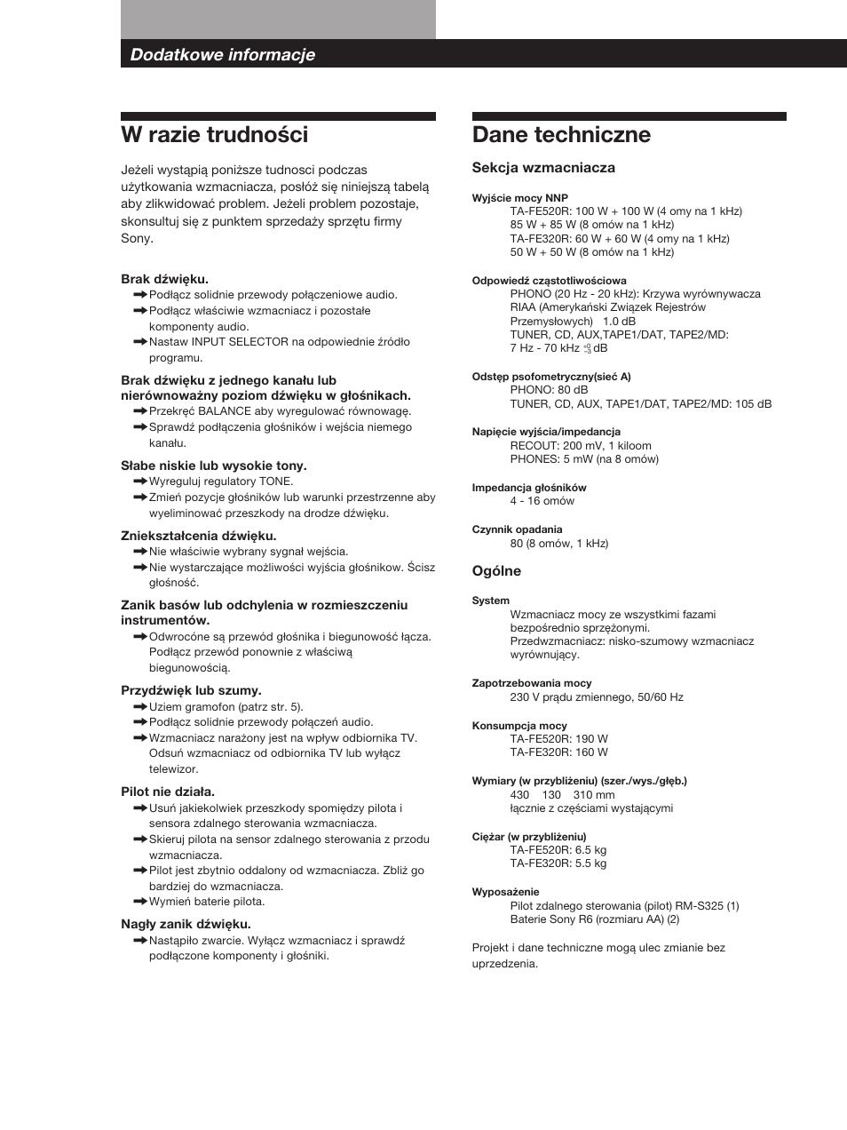 W razie trudności, Dane techniczne, Dodatkowe informacje 10 | Dodatkowe informacje | Sony TA-FE320R User Manual | Page 20 / 32