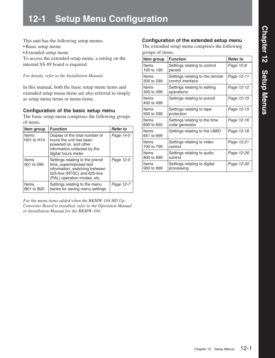 Chapter 12 setup menus, 1 setup menu configuration, Chapter 12 setup men us | Sony DVW-2000P User Manual | Page 115 / 164