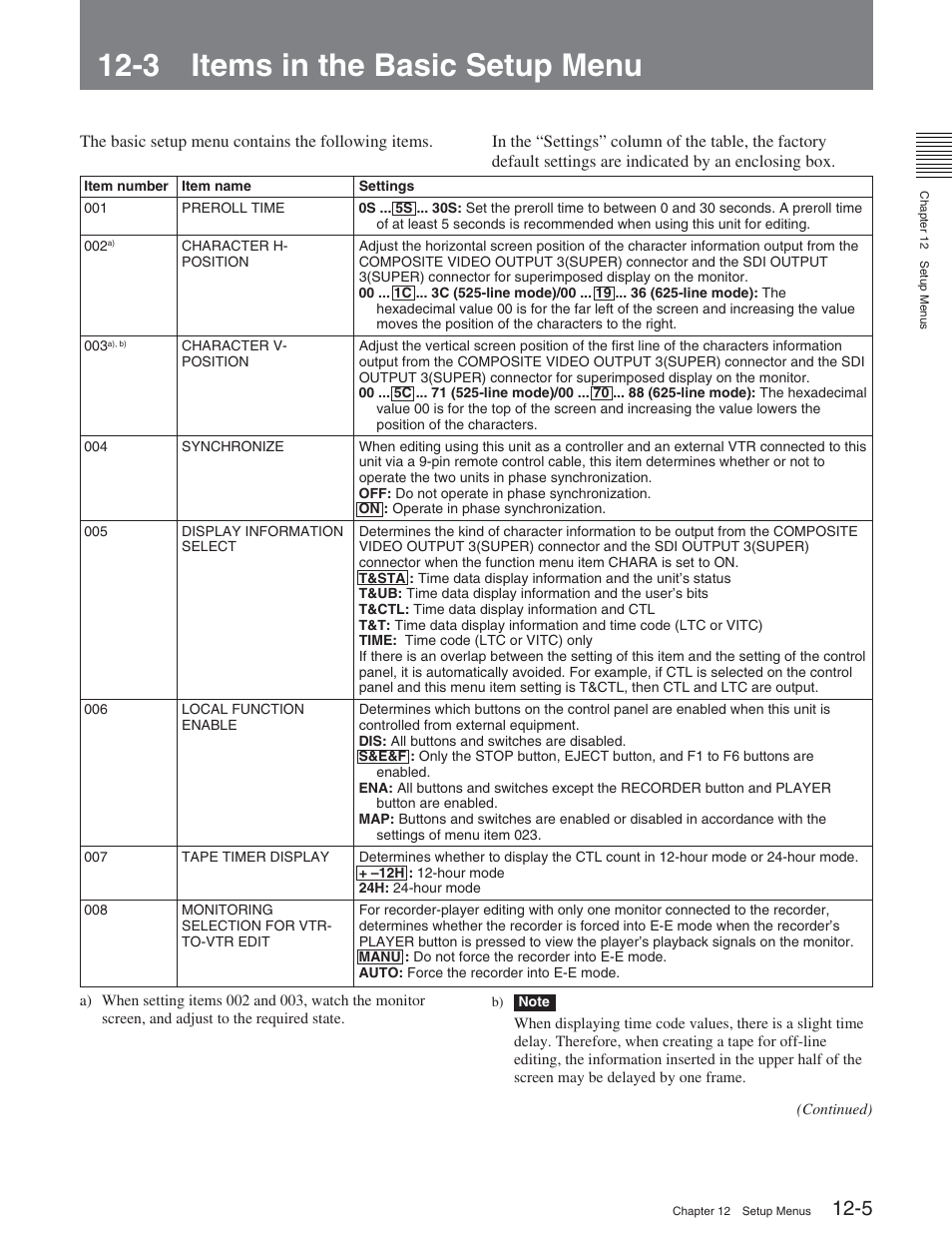 3 items in the basic setup menu | Sony DVW-2000P User Manual | Page 119 / 164