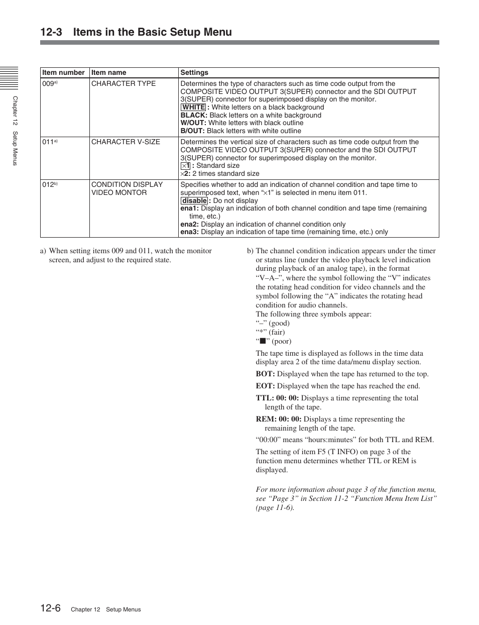 3 items in the basic setup menu | Sony DVW-2000P User Manual | Page 120 / 164