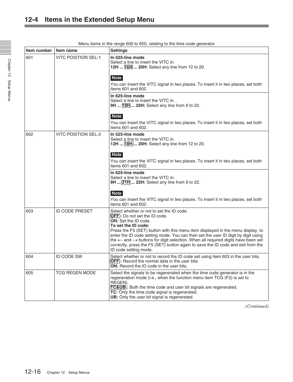 4 items in the extended setup menu | Sony DVW-2000P User Manual | Page 130 / 164