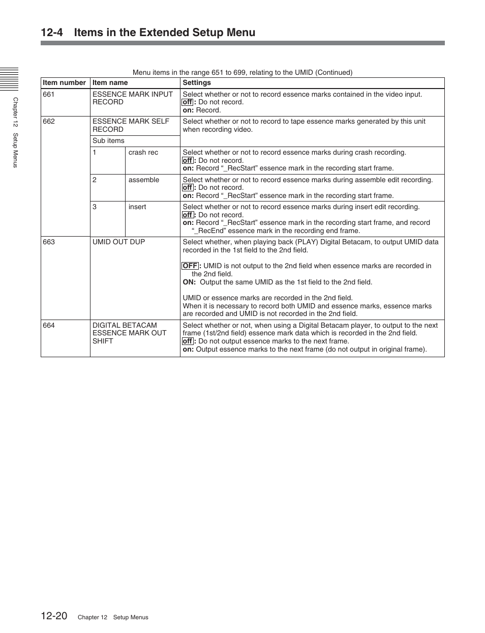 4 items in the extended setup menu | Sony DVW-2000P User Manual | Page 134 / 164