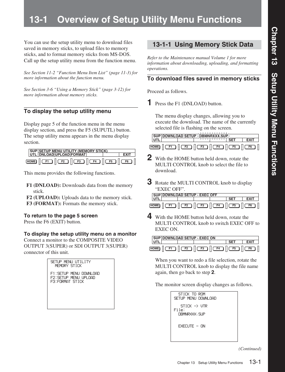 Chapter 13 setup utility menu functions, 1 overview of setup utility menu functions, 1-1 using memory stick data | Chapter 13 setup utility men u functions | Sony DVW-2000P User Manual | Page 145 / 164