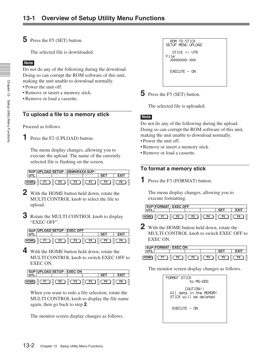 1 overview of setup utility menu functions, Proceed as follows, Rotate the multi control knob to display “exec off | The monitor screen display changes as follows | Sony DVW-2000P User Manual | Page 146 / 164