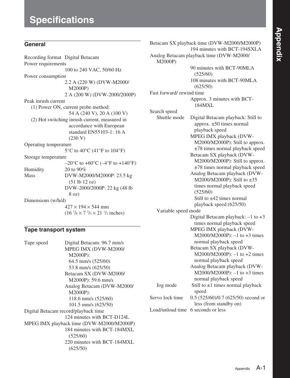 Appendix, Specifications | Sony DVW-2000P User Manual | Page 155 / 164