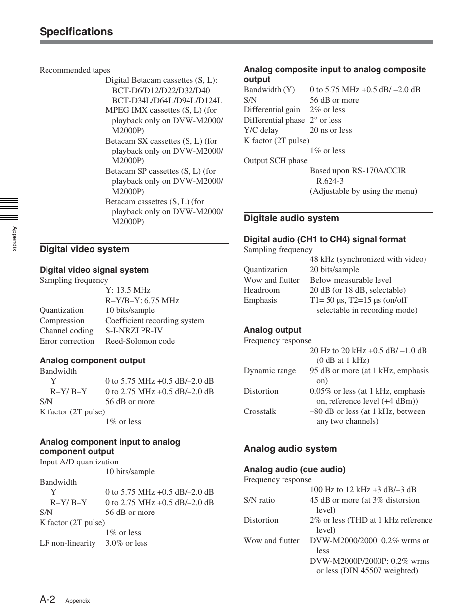 Specifications | Sony DVW-2000P User Manual | Page 156 / 164