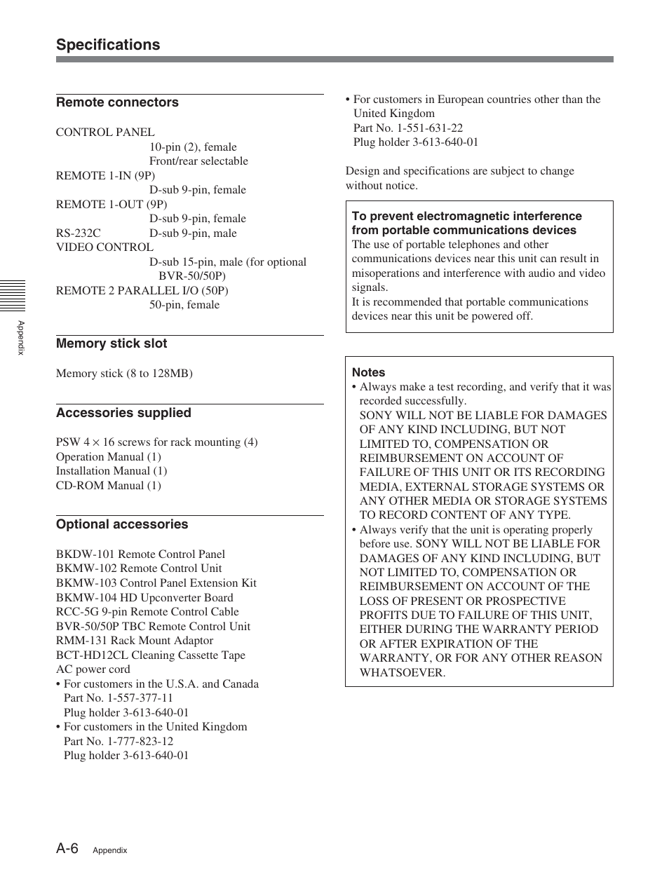 Specifications | Sony DVW-2000P User Manual | Page 160 / 164