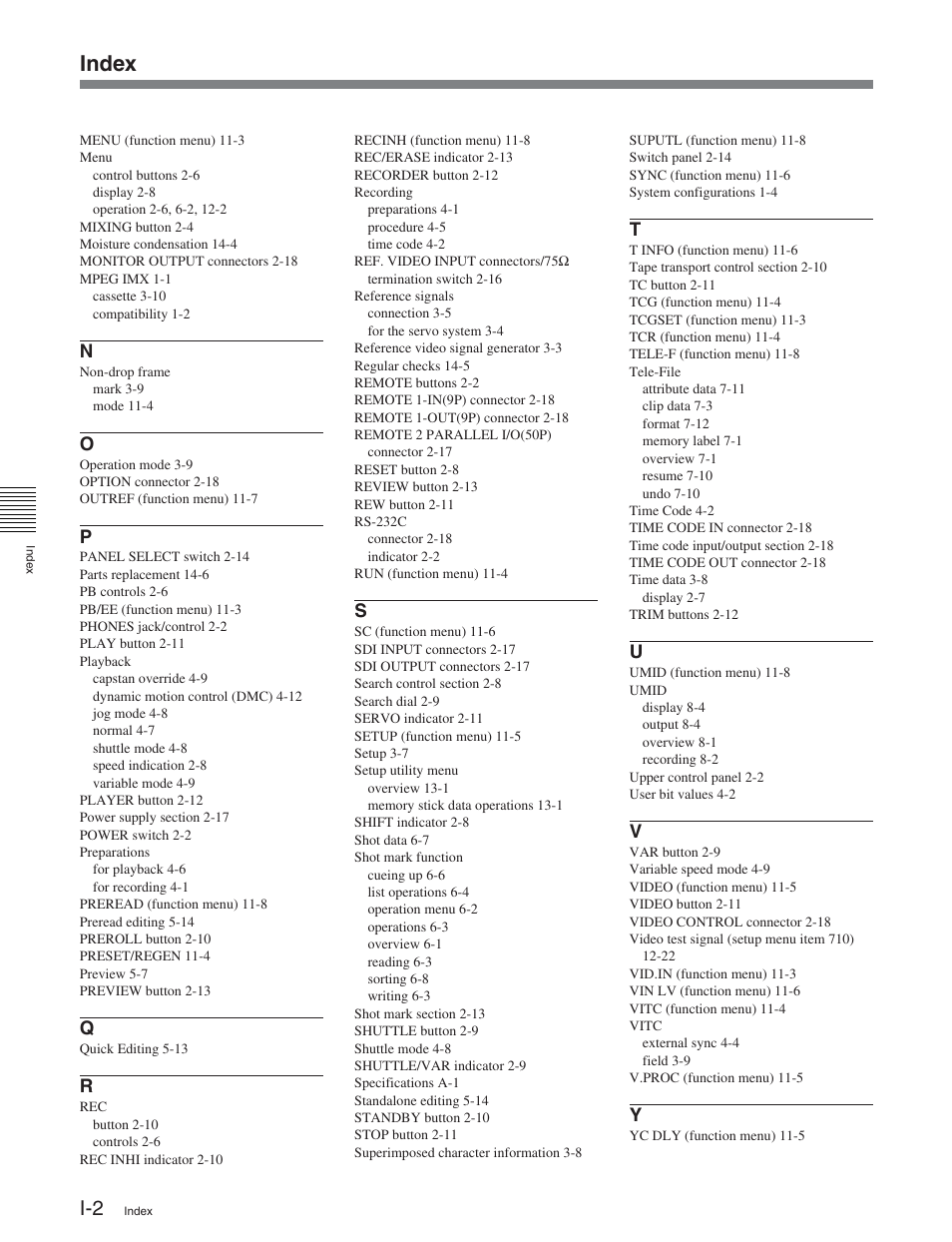 Index | Sony DVW-2000P User Manual | Page 162 / 164