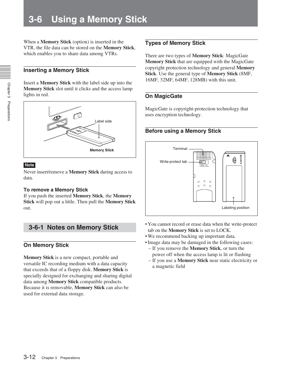 6 using a memory stick, 6-1 notes on memory stick | Sony DVW-2000P User Manual | Page 44 / 164