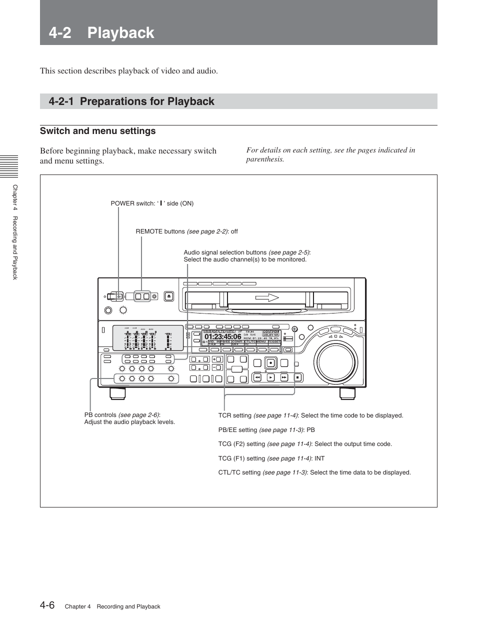 2 playback, 2-1 preparations for playback, 1 recording | Switch and menu settings | Sony DVW-2000P User Manual | Page 52 / 164