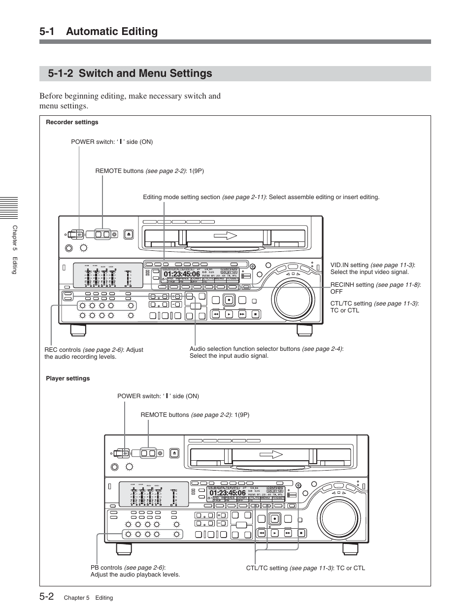 1-2 switch and menu settings, 1 automatic editing | Sony DVW-2000P User Manual | Page 62 / 164