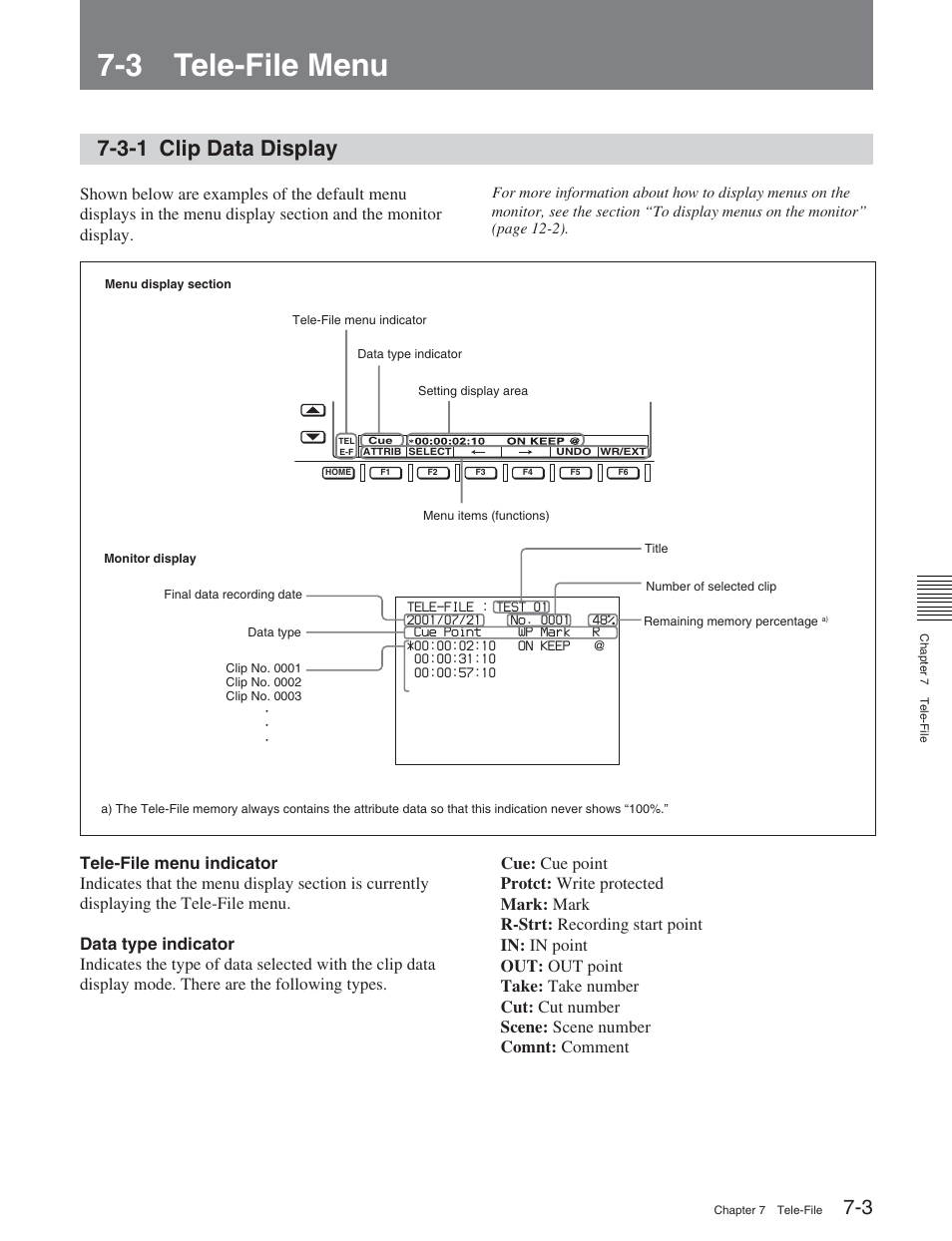 3 tele-file menu, 3-1 clip data display | Sony DVW-2000P User Manual | Page 87 / 164