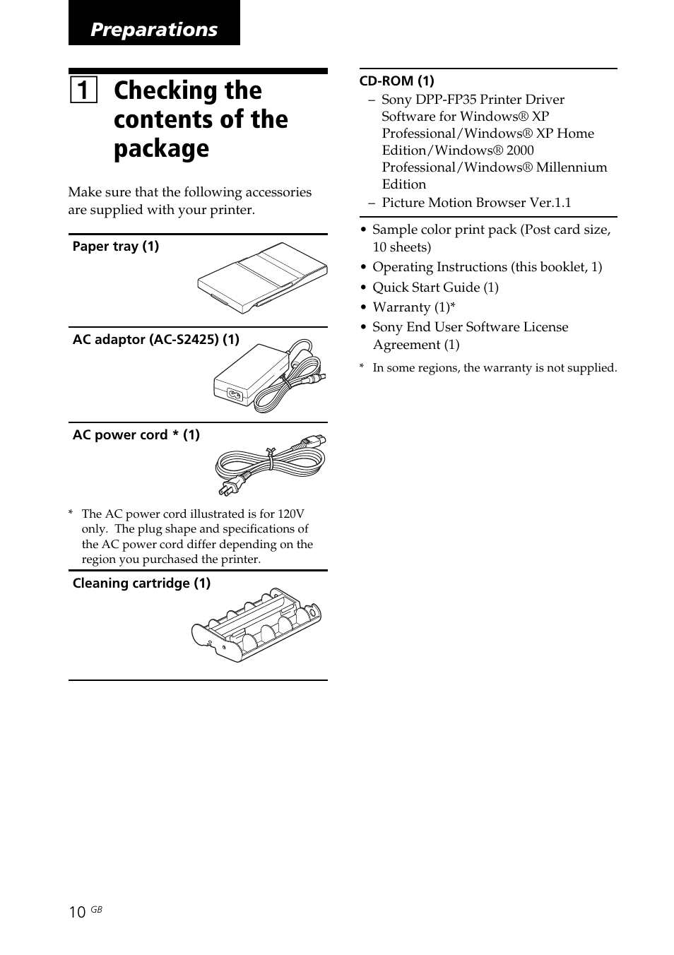 Preparations, 1 checking the contents of the package, Checking the contents of the package | Preparing the print pack, 1checking the contents of the package | Sony DPP-FP35 User Manual | Page 10 / 52