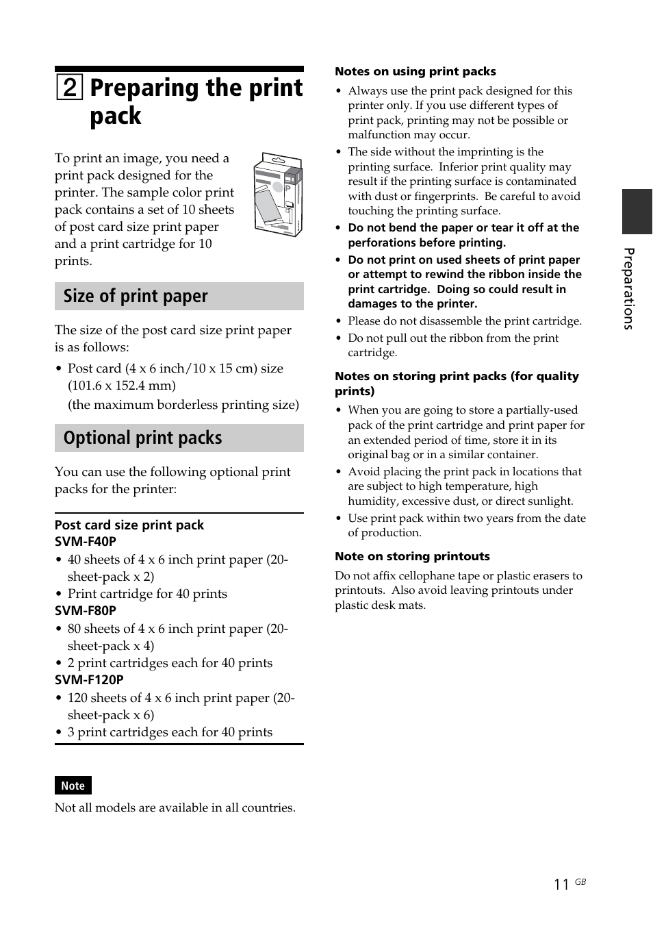 2 preparing the print pack, Size of print paper, Optional print packs | Size of print paper optional print packs, Loading the print cartridge, 2preparing the print pack | Sony DPP-FP35 User Manual | Page 11 / 52
