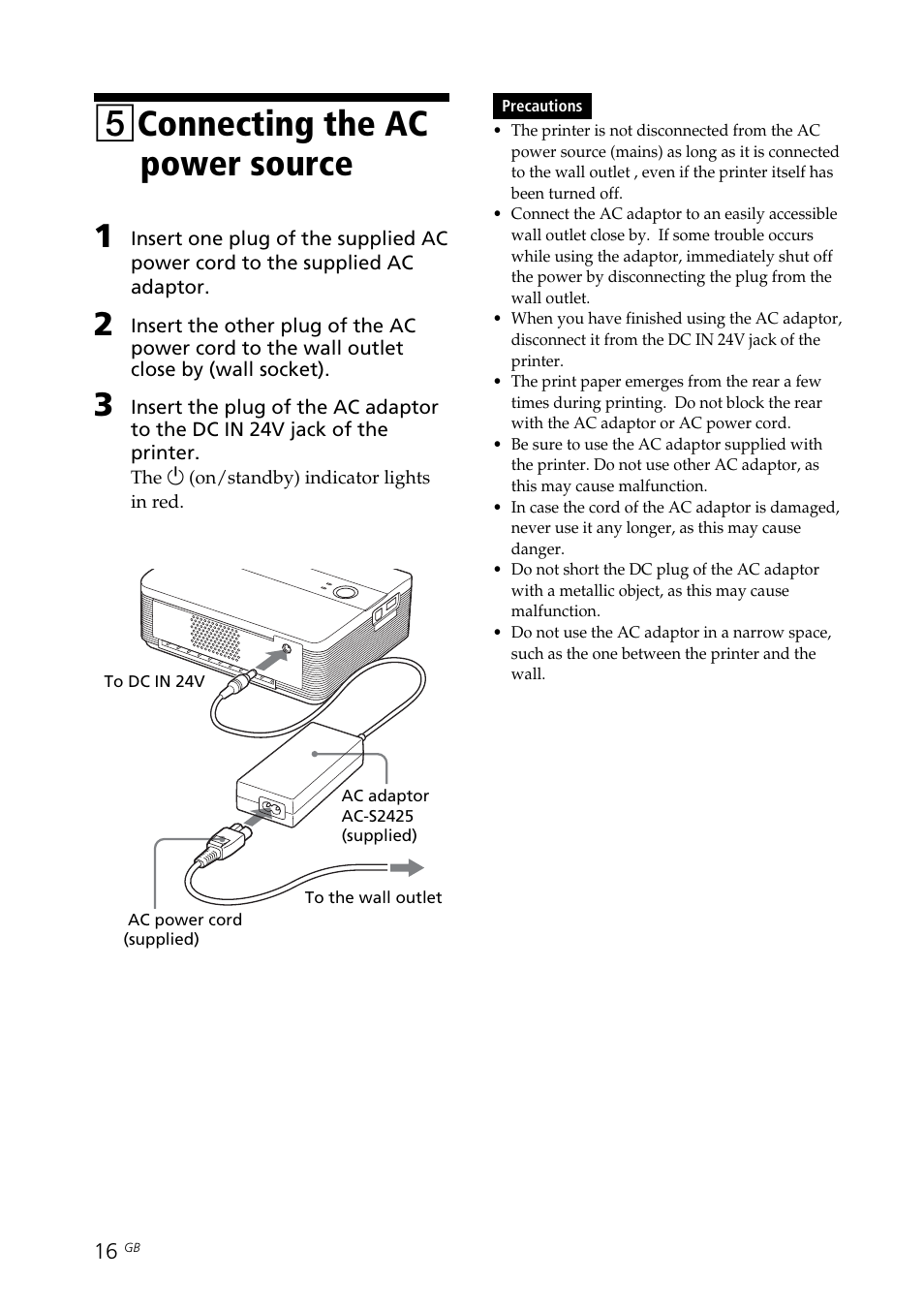 5 connecting the ac power source, 5connecting the ac power source | Sony DPP-FP35 User Manual | Page 16 / 52