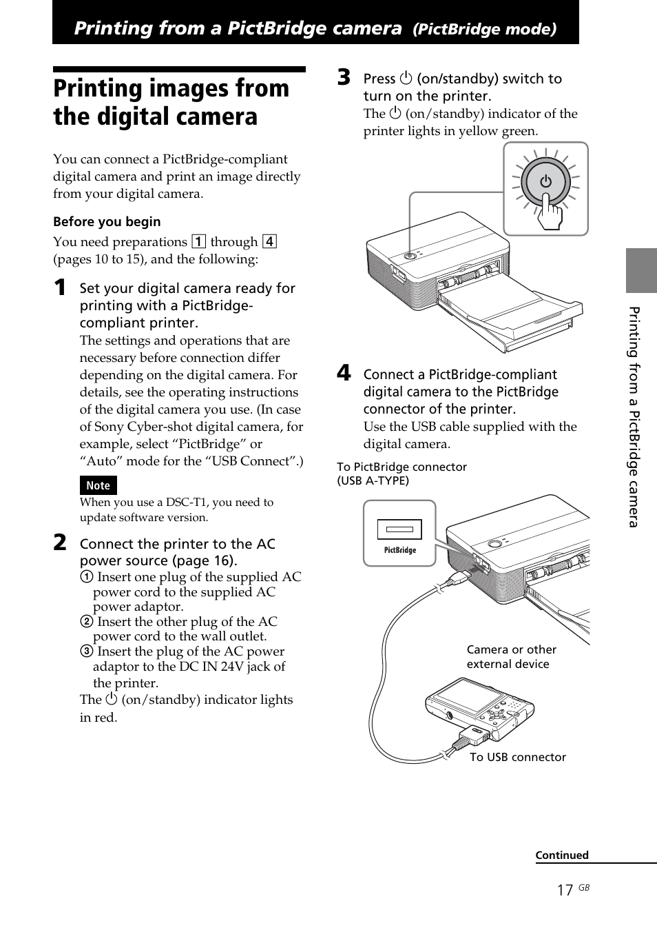 Printing images from the digital camera, Printing images from the digital, Camera | Printing from a pictbridge camera | Sony DPP-FP35 User Manual | Page 17 / 52