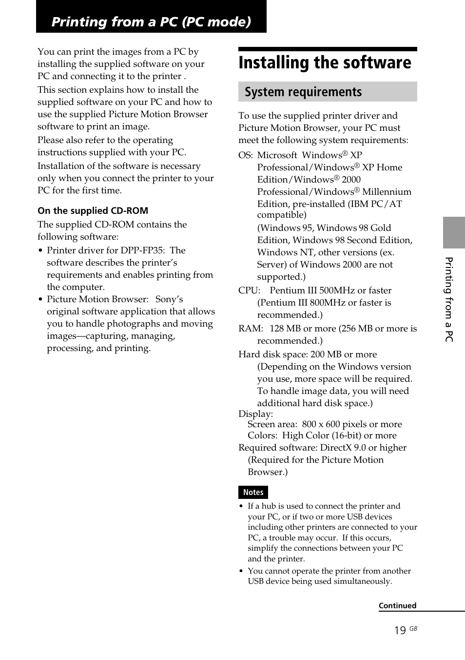 Printing from a pc (pc mode), Installing the software, System requirements | Sony DPP-FP35 User Manual | Page 19 / 52