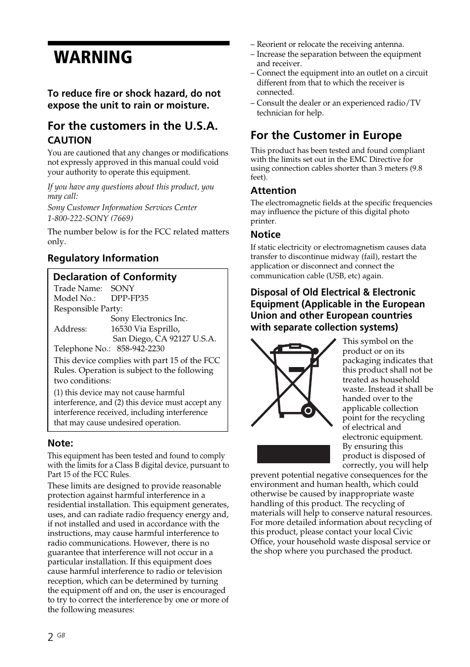 Warning, For the customers in the u.s.a, For the customer in europe | Sony DPP-FP35 User Manual | Page 2 / 52