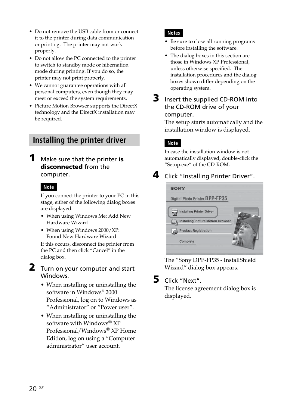 Installing the printer driver | Sony DPP-FP35 User Manual | Page 20 / 52