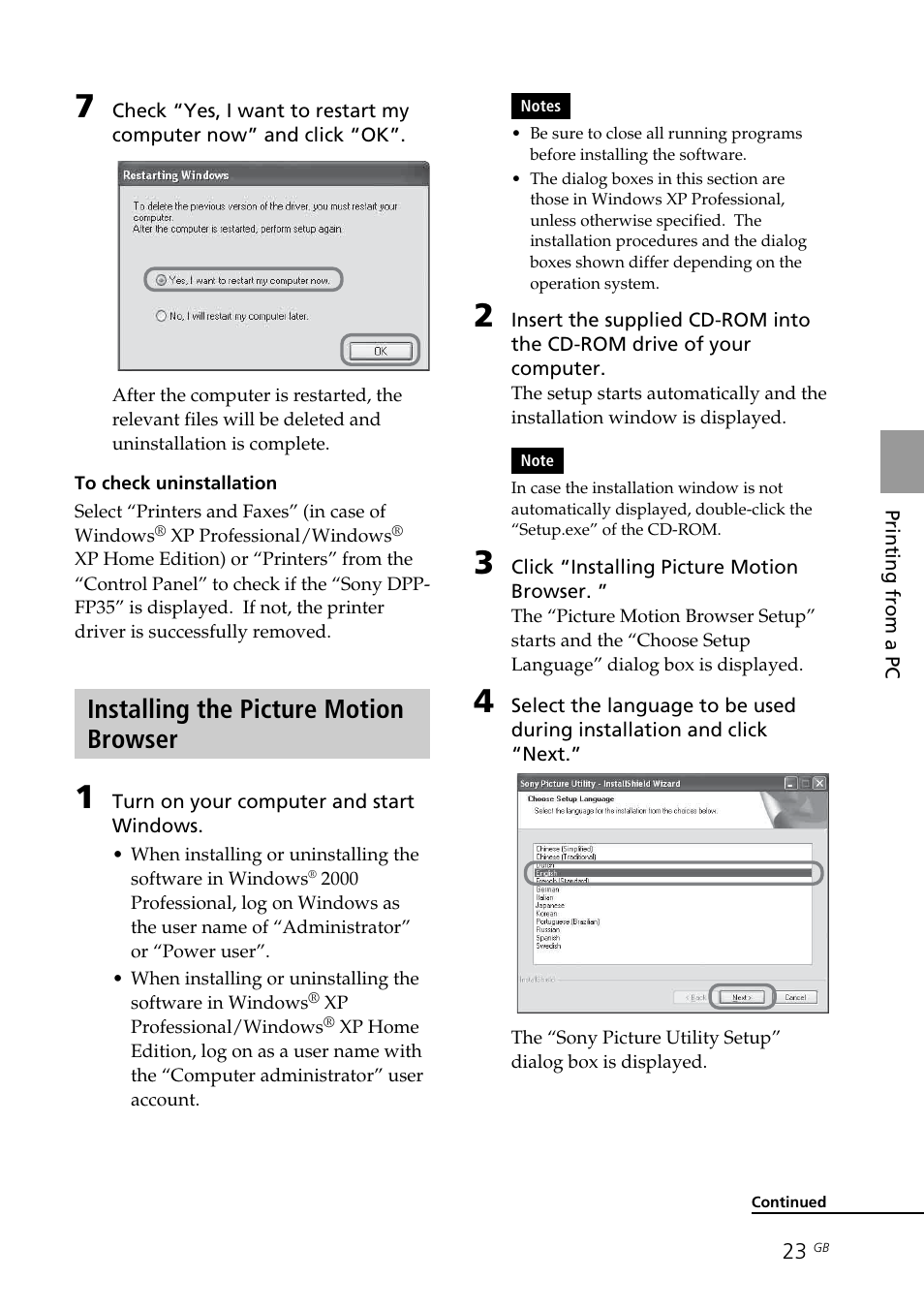 Installing the picture motion browser | Sony DPP-FP35 User Manual | Page 23 / 52