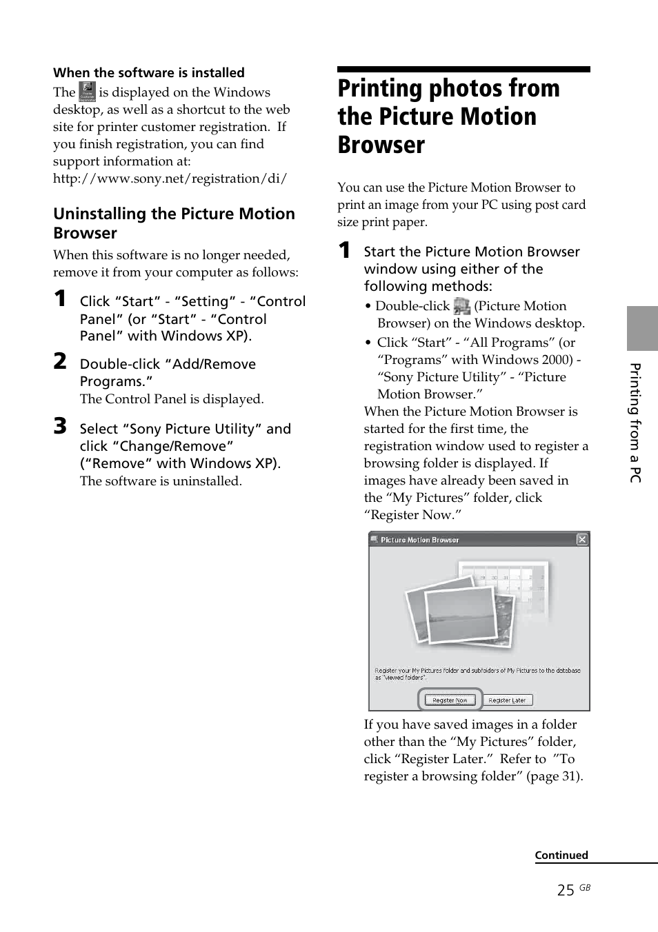 Printing photos from the picture motion browser, Printing photos from the picture, Motion browser | Sony DPP-FP35 User Manual | Page 25 / 52