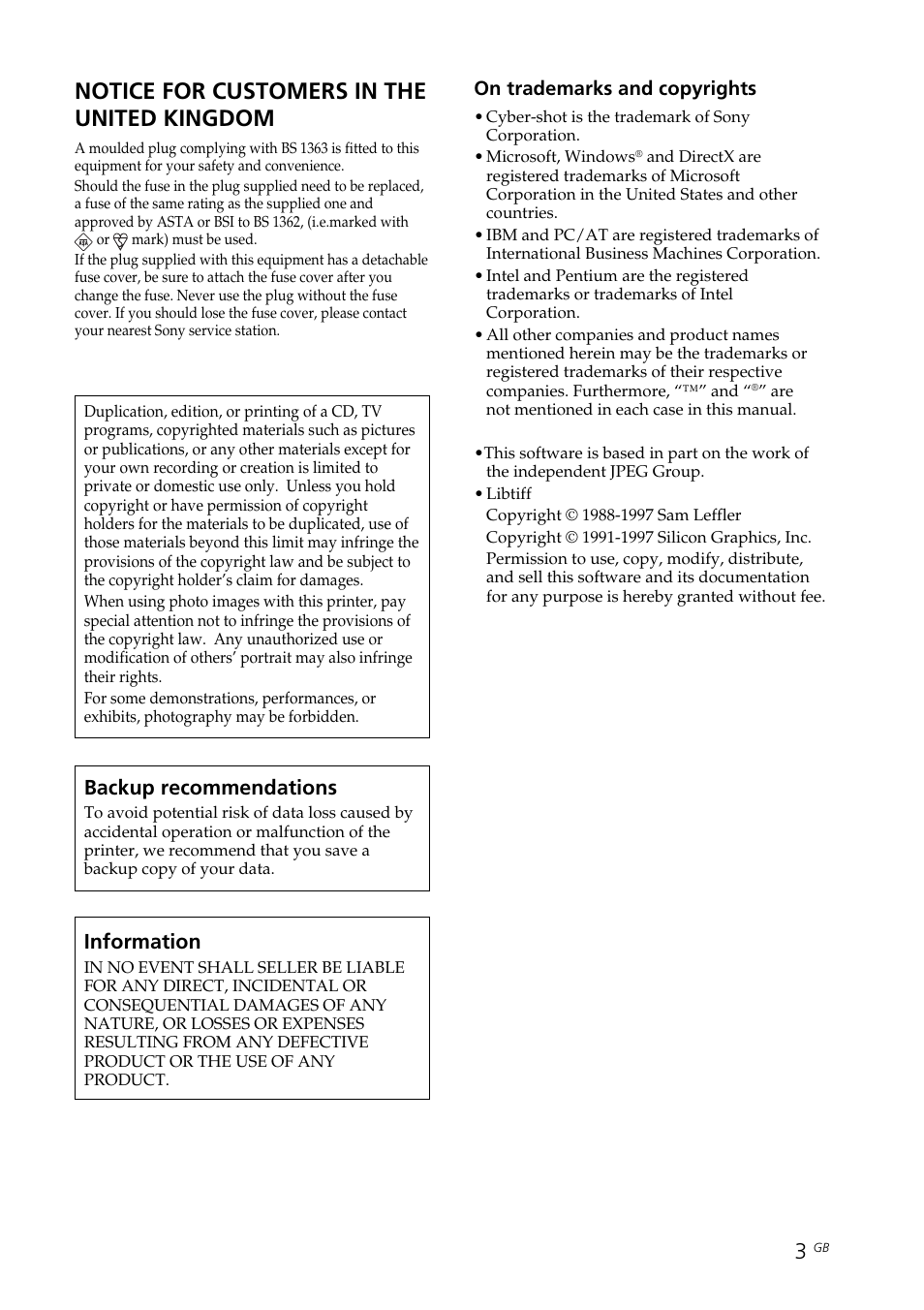 Notice for customers in the united kingdom, Backup recommendations, Information | Sony DPP-FP35 User Manual | Page 3 / 52