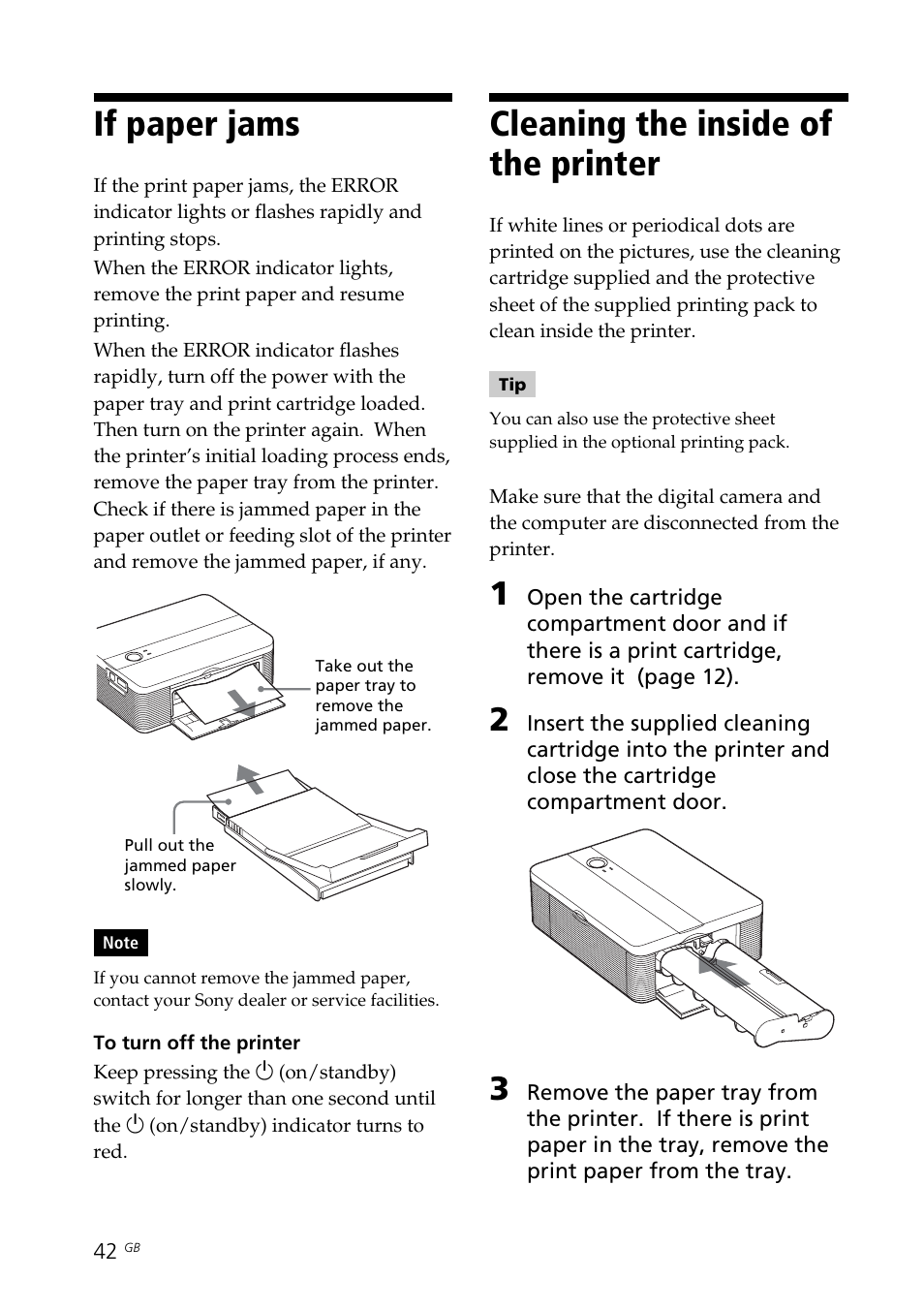 If paper jams, Cleaning the inside of the printer | Sony DPP-FP35 User Manual | Page 42 / 52