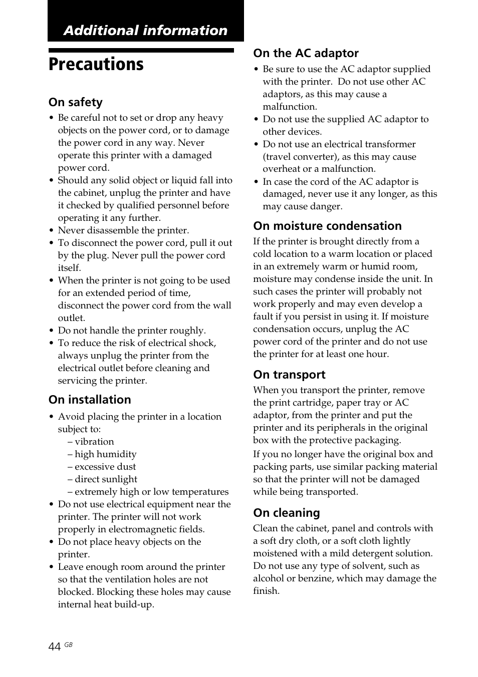 Additional information, Precautions | Sony DPP-FP35 User Manual | Page 44 / 52