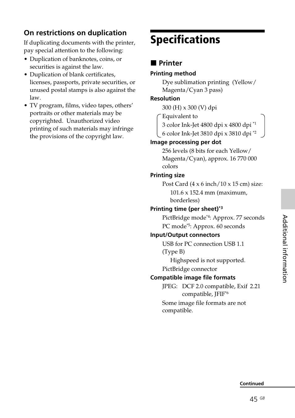 Specifications, On restrictions on duplication, Xprinter | Sony DPP-FP35 User Manual | Page 45 / 52