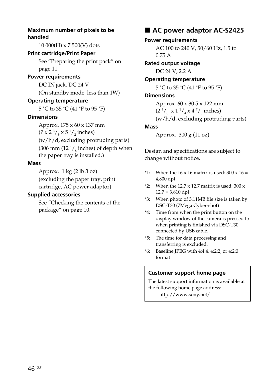 Xac power adaptor ac-s2425 | Sony DPP-FP35 User Manual | Page 46 / 52