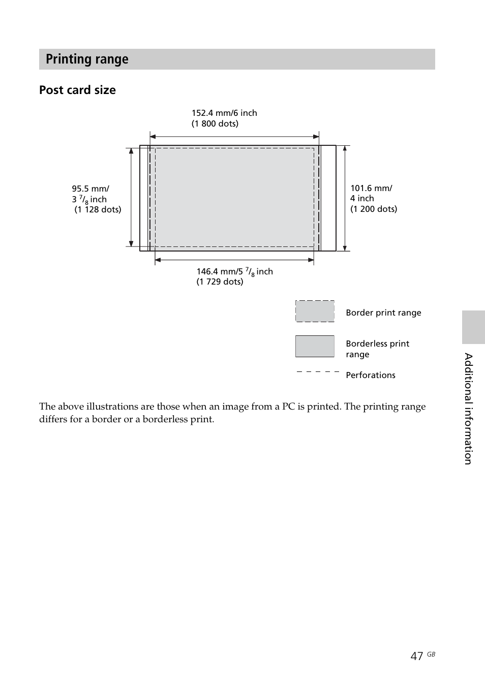 Printing range, Post card size | Sony DPP-FP35 User Manual | Page 47 / 52