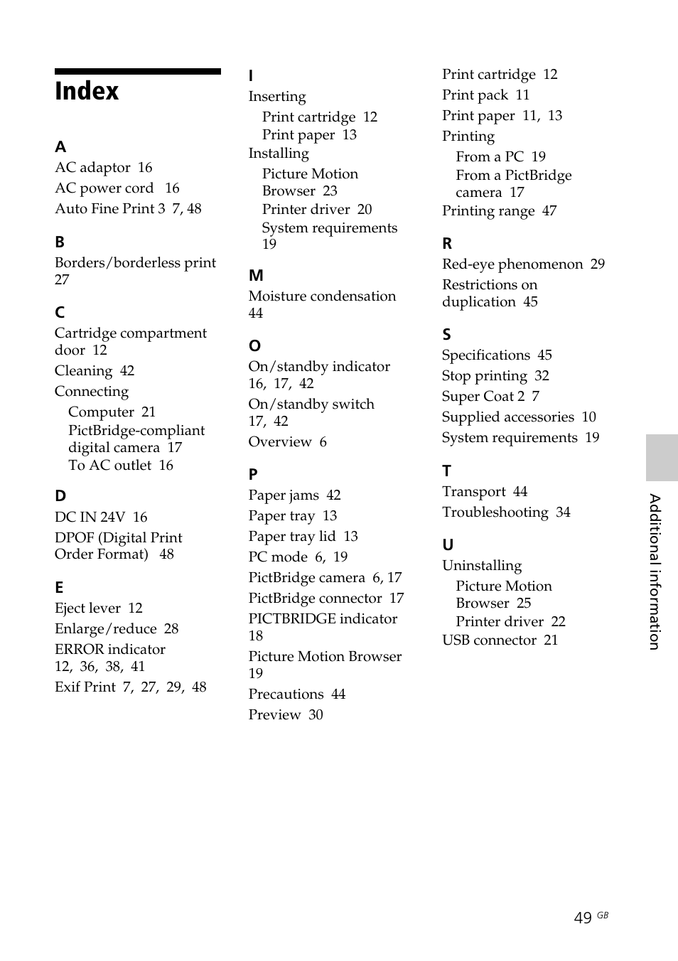 Index | Sony DPP-FP35 User Manual | Page 49 / 52