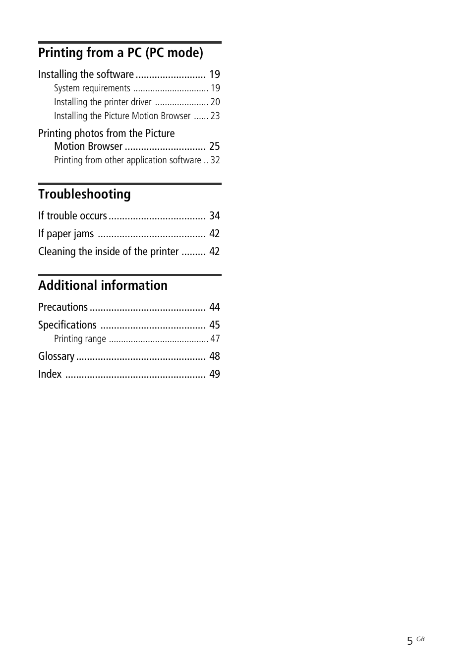 Printing from a pc (pc mode), Troubleshooting, Additional information | Sony DPP-FP35 User Manual | Page 5 / 52