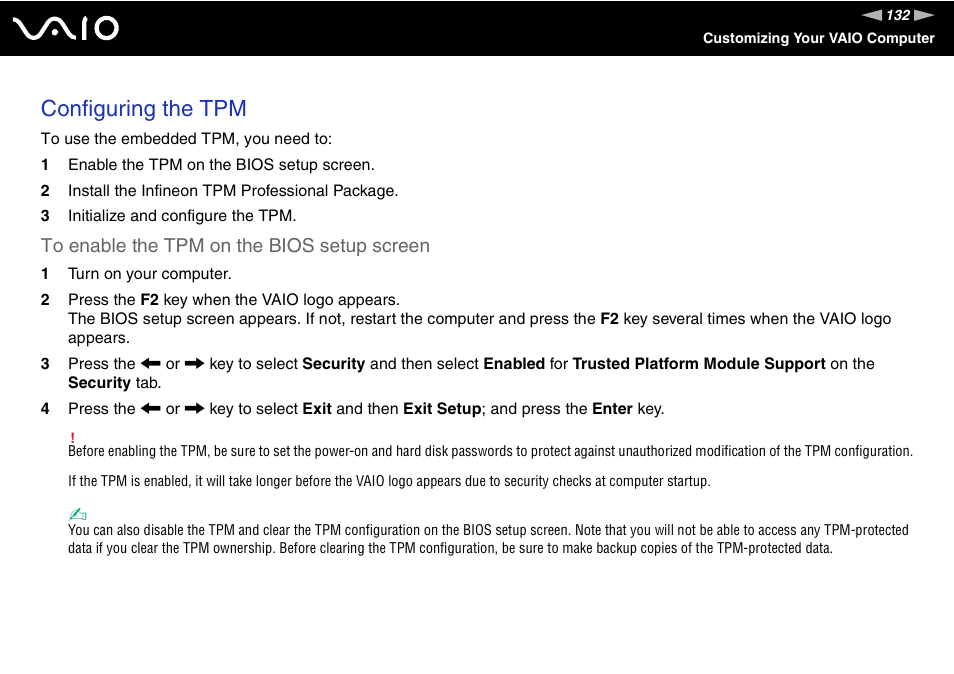 Configuring the tpm | Sony VGN-BX700 User Manual | Page 132 / 223