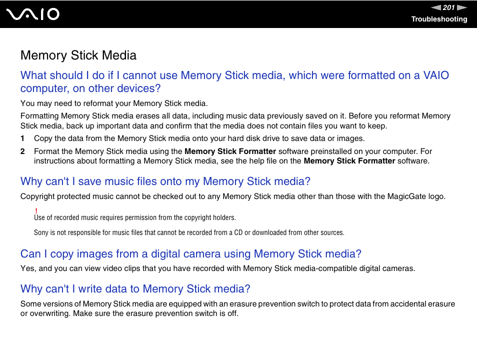 Memory stick media | Sony VGN-BX700 User Manual | Page 201 / 223