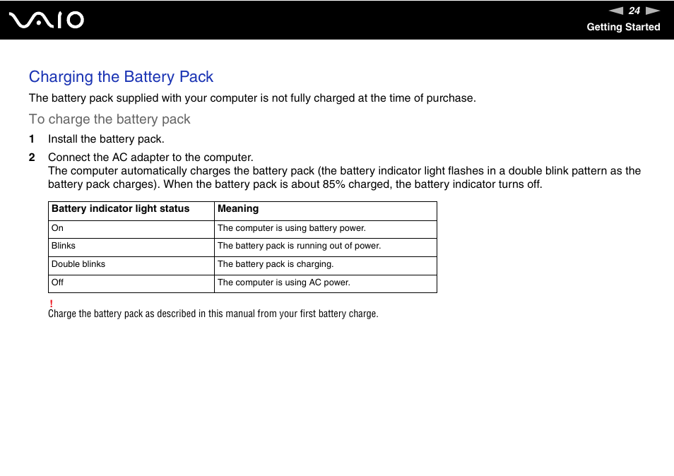 Charging the battery pack | Sony VGN-BX700 User Manual | Page 24 / 223