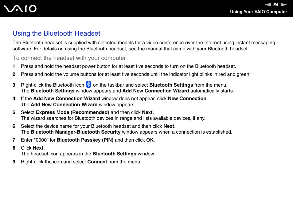 Using the bluetooth headset | Sony VGN-BX700 User Manual | Page 64 / 223