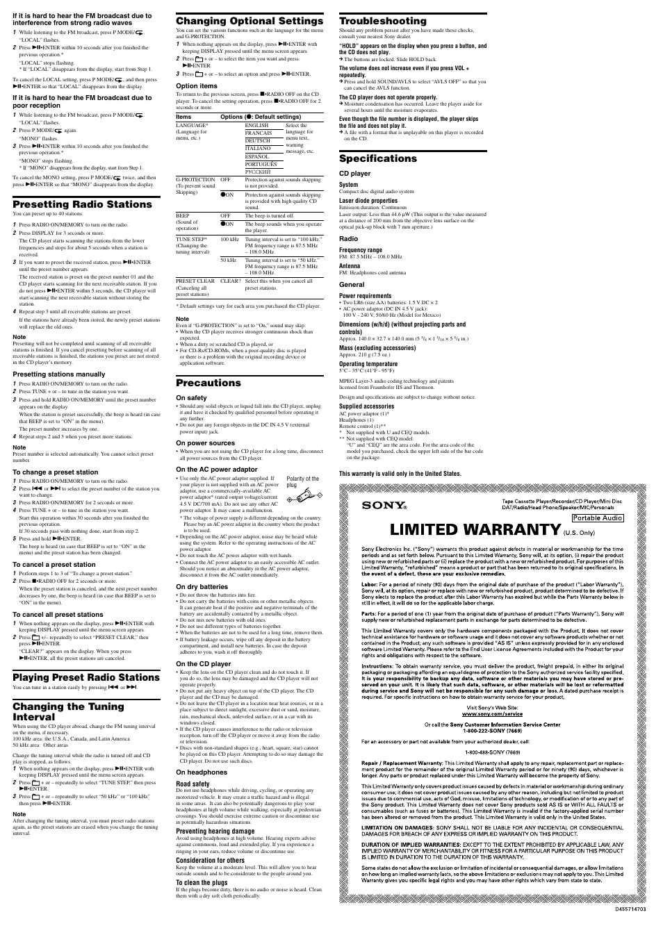 Presetting radio stations, Playing preset radio stations, Changing the tuning interval | Changing optional settings, Precautions, Troubleshooting, Specifications | Sony D-NF341 User Manual | Page 2 / 2