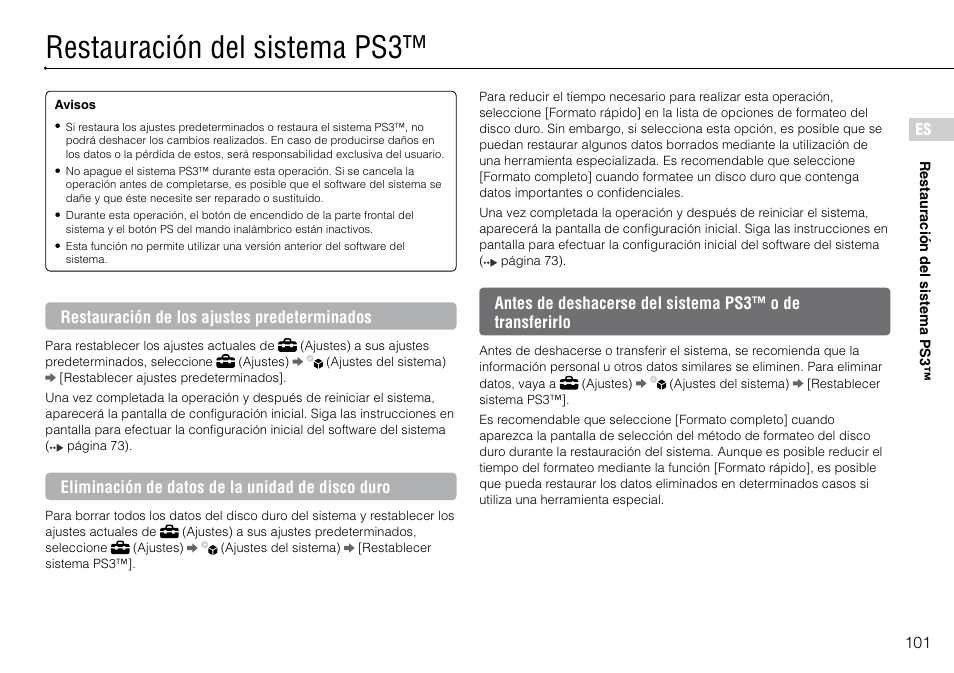 Restauración.del.sistema.ps3, Restauración del sistema ps3 | Sony PlayStation 3 (Uncharted: Drake's Fortune Limited Edition Bundle) User Manual | Page 101 / 120