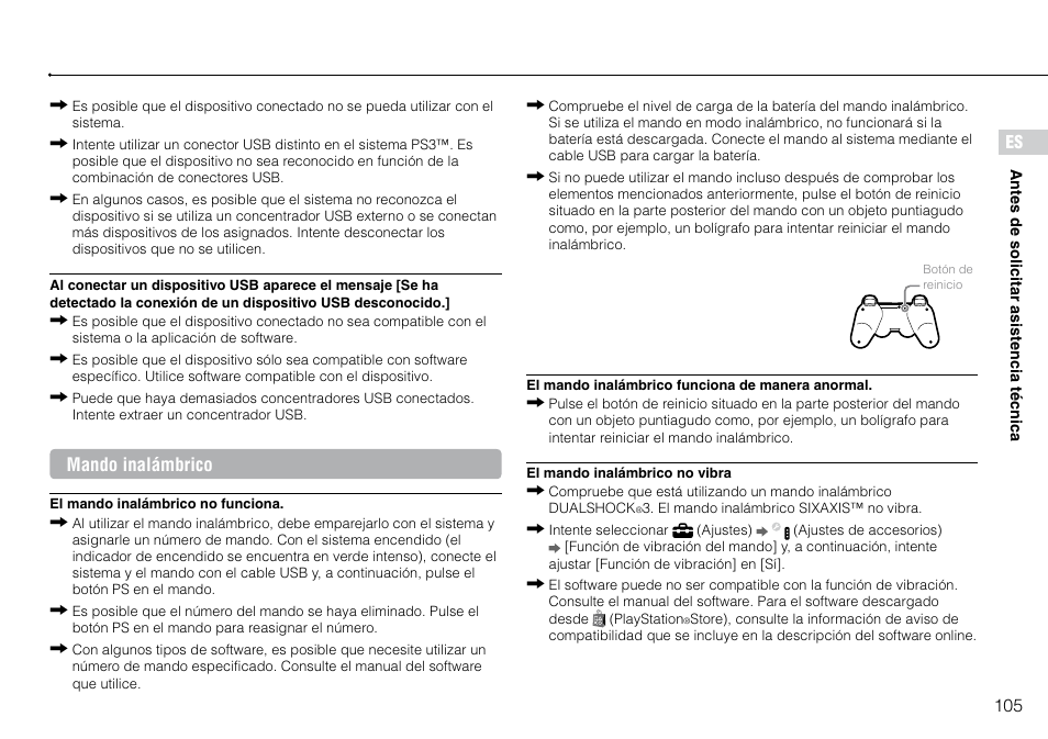 105 es, Mando inalámbrico | Sony PlayStation 3 (Uncharted: Drake's Fortune Limited Edition Bundle) User Manual | Page 105 / 120