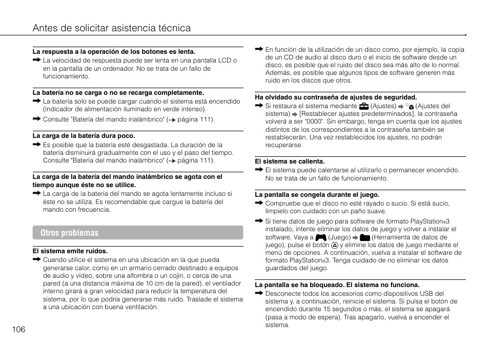 Antes de solicitar asistencia técnica, Otros problemas | Sony PlayStation 3 (Uncharted: Drake's Fortune Limited Edition Bundle) User Manual | Page 106 / 120