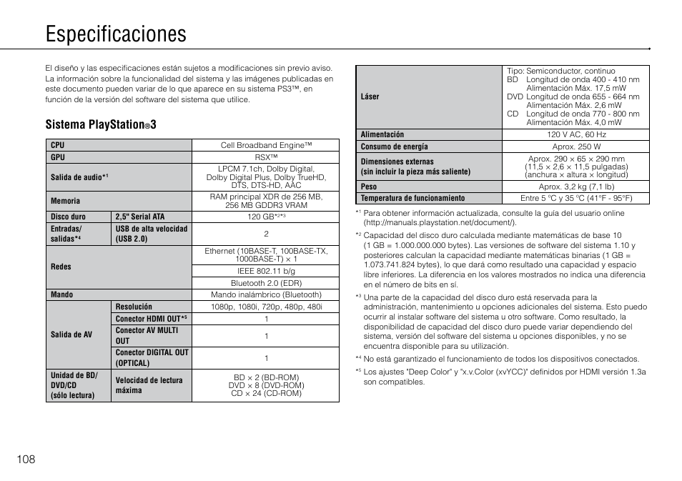 Especificaciones, Sistema playstation | Sony PlayStation 3 (Uncharted: Drake's Fortune Limited Edition Bundle) User Manual | Page 108 / 120