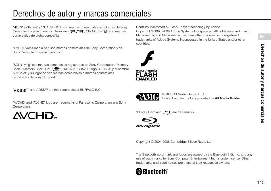 Derechos.de.autor.y.marcas.comerciales, Derechos de autor y marcas comerciales, 115 es | Sony PlayStation 3 (Uncharted: Drake's Fortune Limited Edition Bundle) User Manual | Page 115 / 120